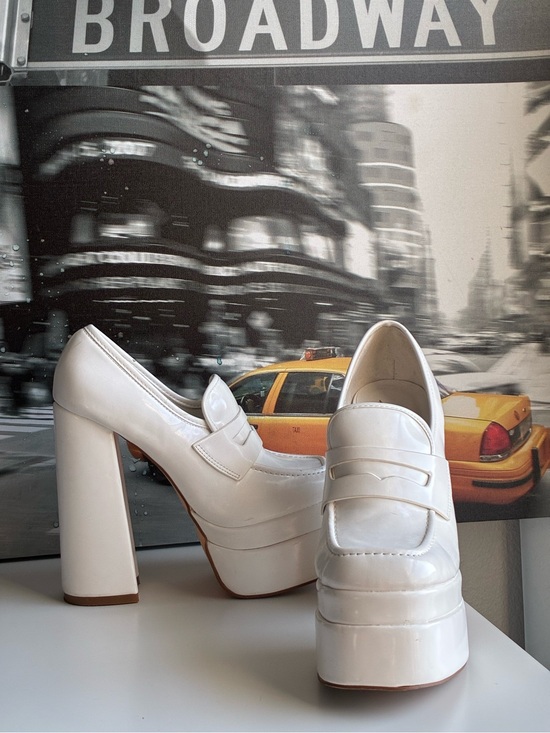 Shoes - White Platform Block Heel Loafer Pumps - Women